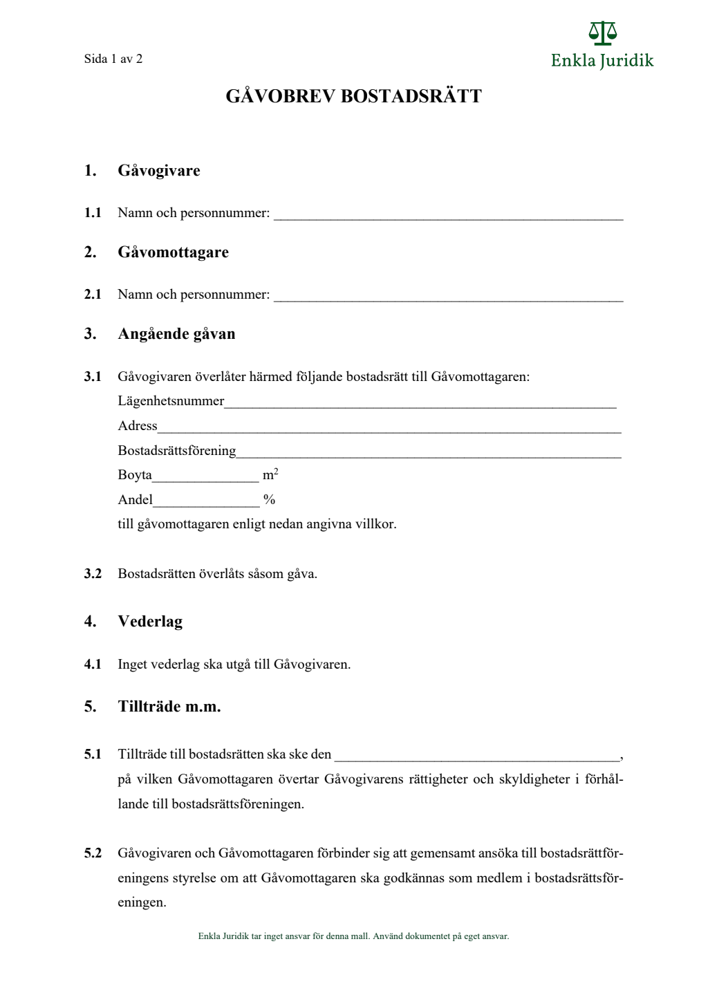 Gåvobrev bostadsrätt mall Gratis