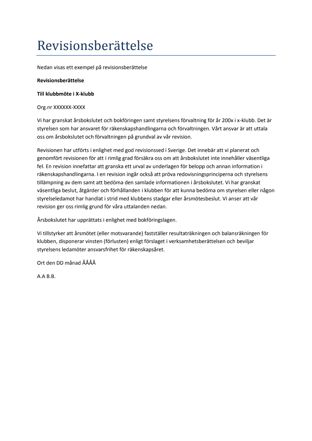 Enkel revisionsberättelse mall