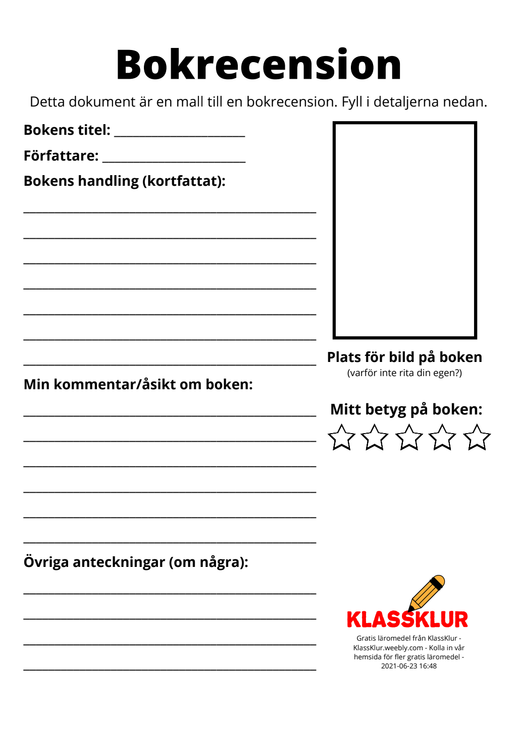 Bokrecension mall Åk 4