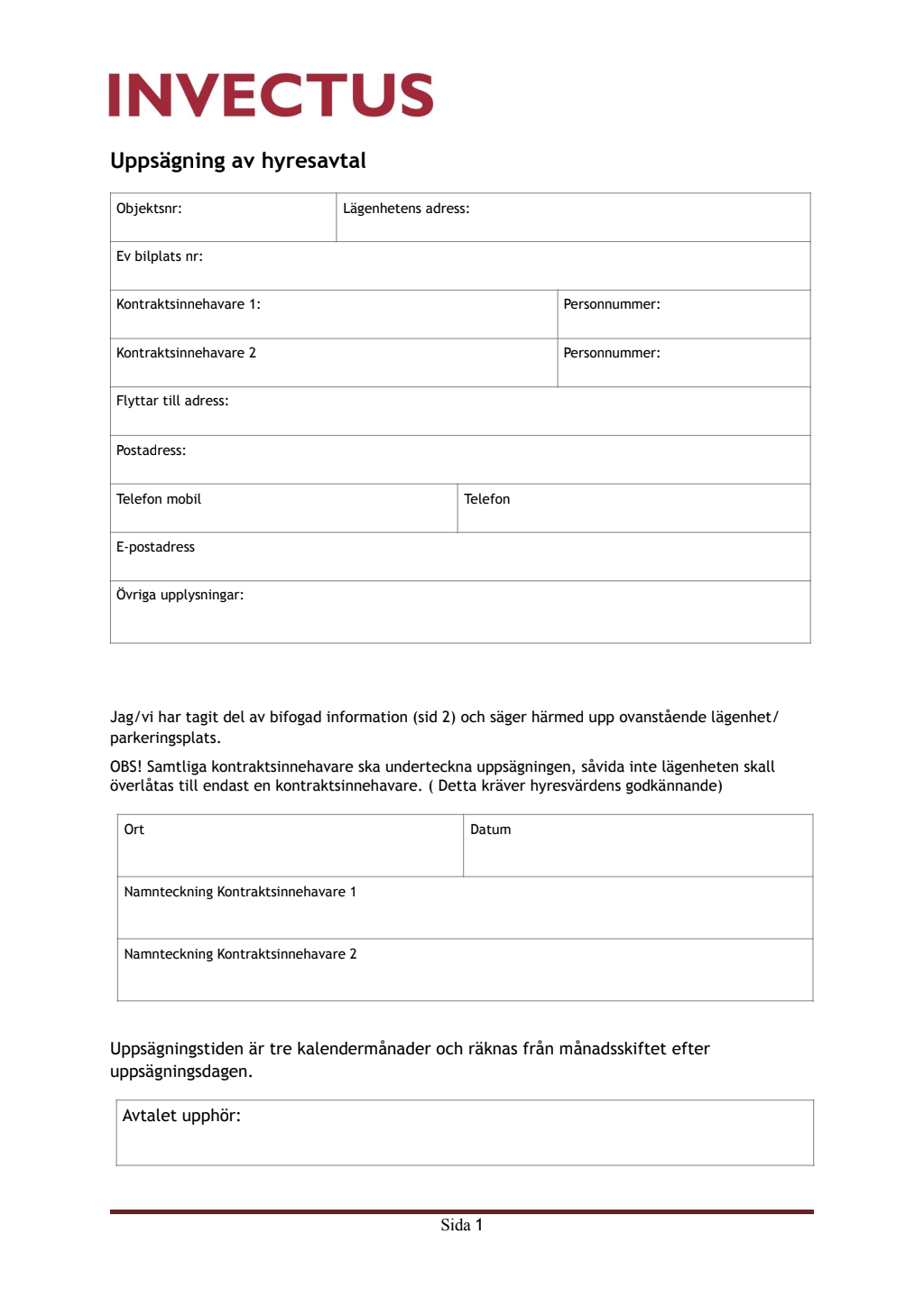uppsägning hyresavtal privatbostad mall