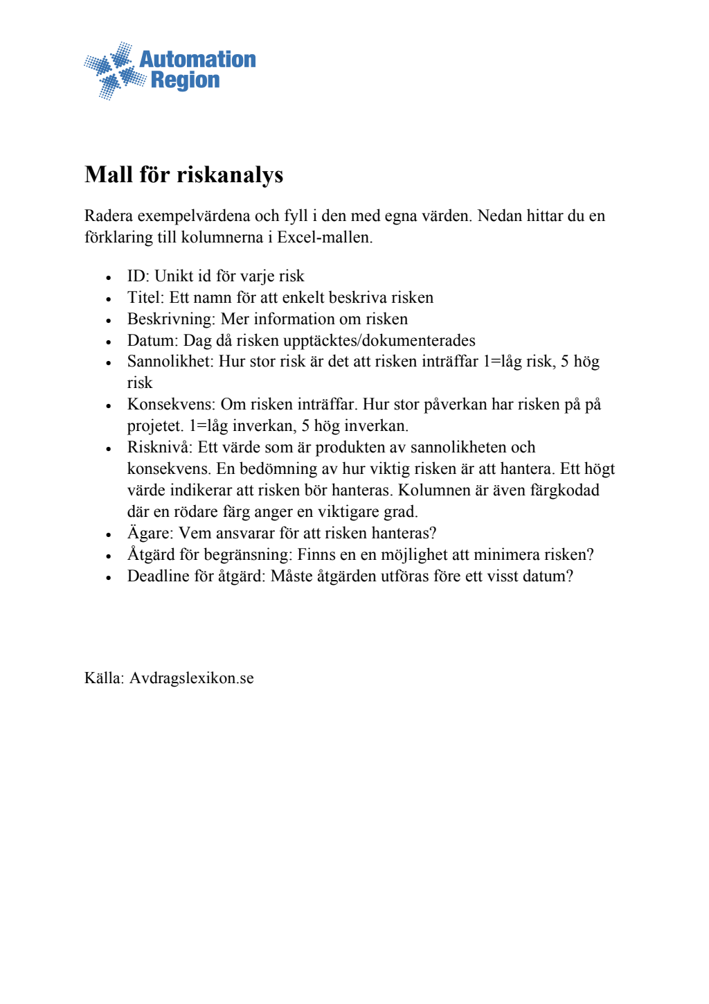 Riskanalys mall Arbetsmiljöverket